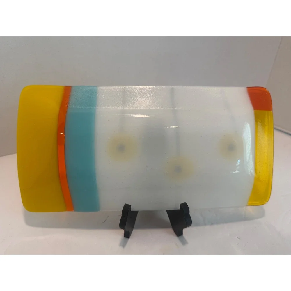 Handmade Fused Glass Rectangular Tray Yellow Flowers MCM Style Decor 9.75x4.75